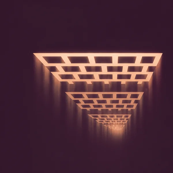 A glowing peach rectangular lattice recedes diagonally toward a small vanishing point against a deep plum background, with soft vertical light streaks beneath…