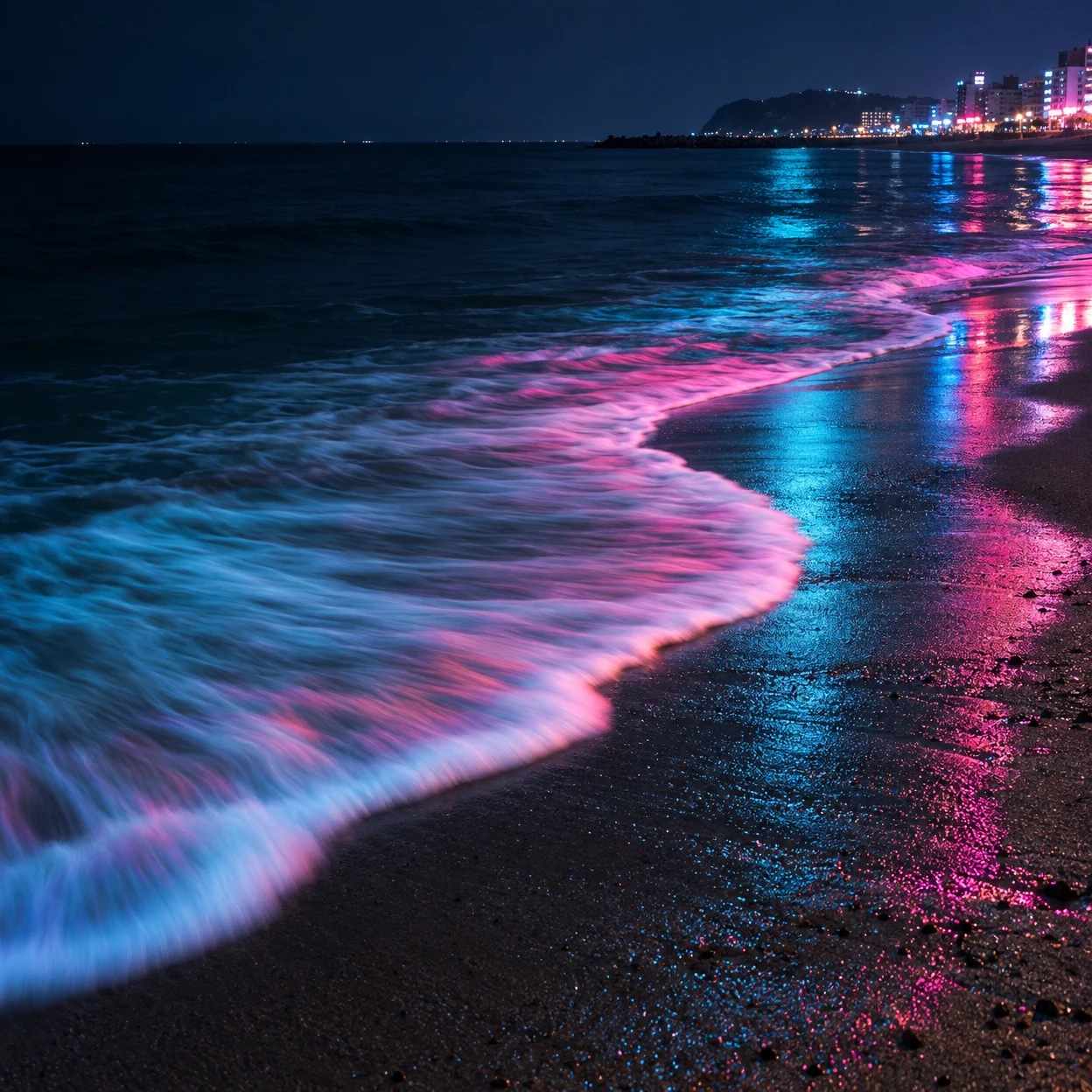 A curved wave of cyan- and magenta-lit foam rolls onto a dark sandy beach at night, with colorful beachfront buildings along the distant right-hand shore and…