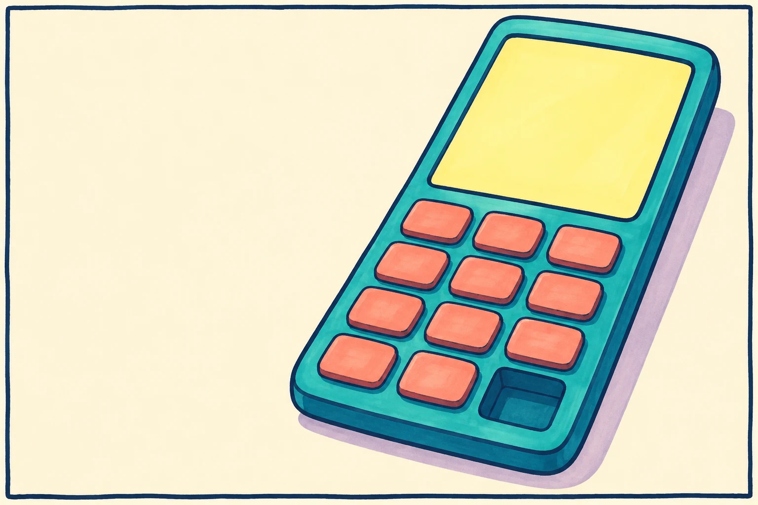 A comically elongated teal calculator lies diagonally across the right side of a warm cream panel.