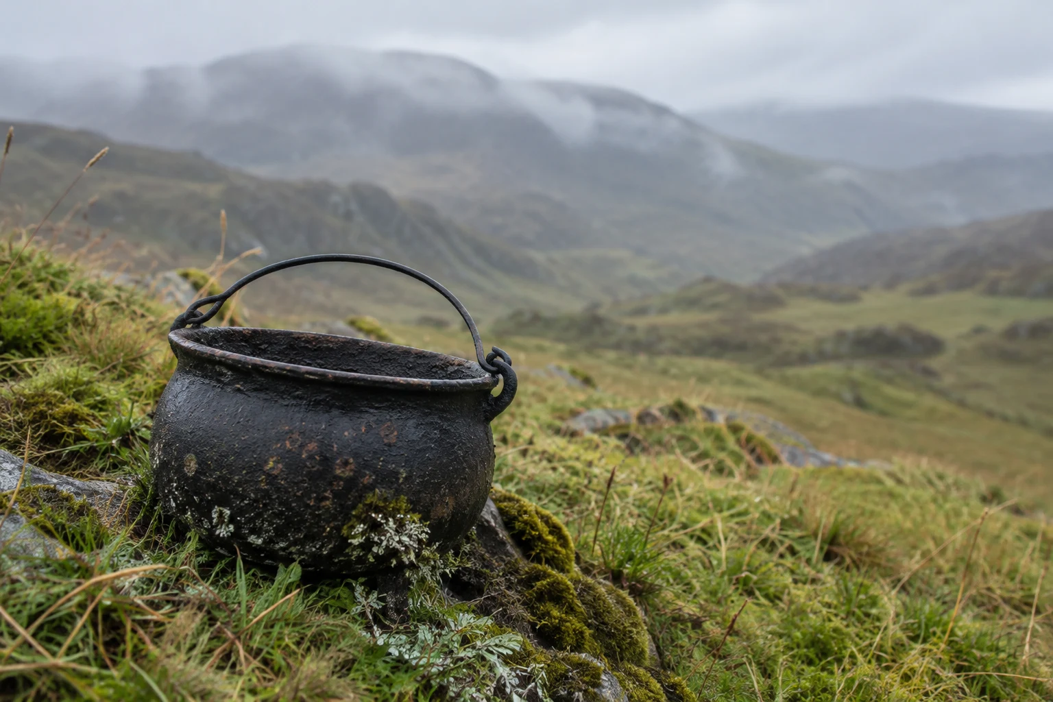 A weathered black cast-iron pot with an arched handle sits among moss, lichen, rocks and tussock grass on a hillside, with softly blurred rolling hills behind…