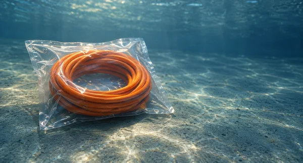 A compact coil of orange insulated cable sits inside a clear sealed pouch on a textured blue-grey underwater floor, with open water and empty space to the…
