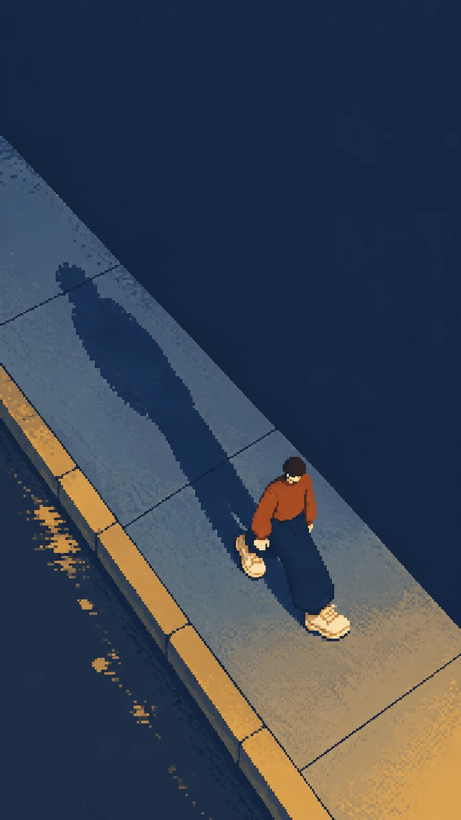 A small figure in a rust-orange top, broad navy trousers and cream shoes walks along a diagonally running sidewalk.