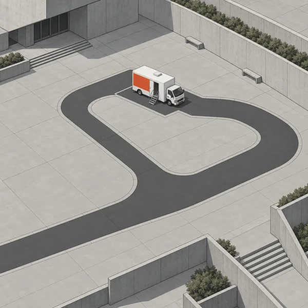 An axonometric view of a concrete forecourt with a small white mobile clinic, vermilion side panel, open doorway and access steps, set within a broad charcoal…