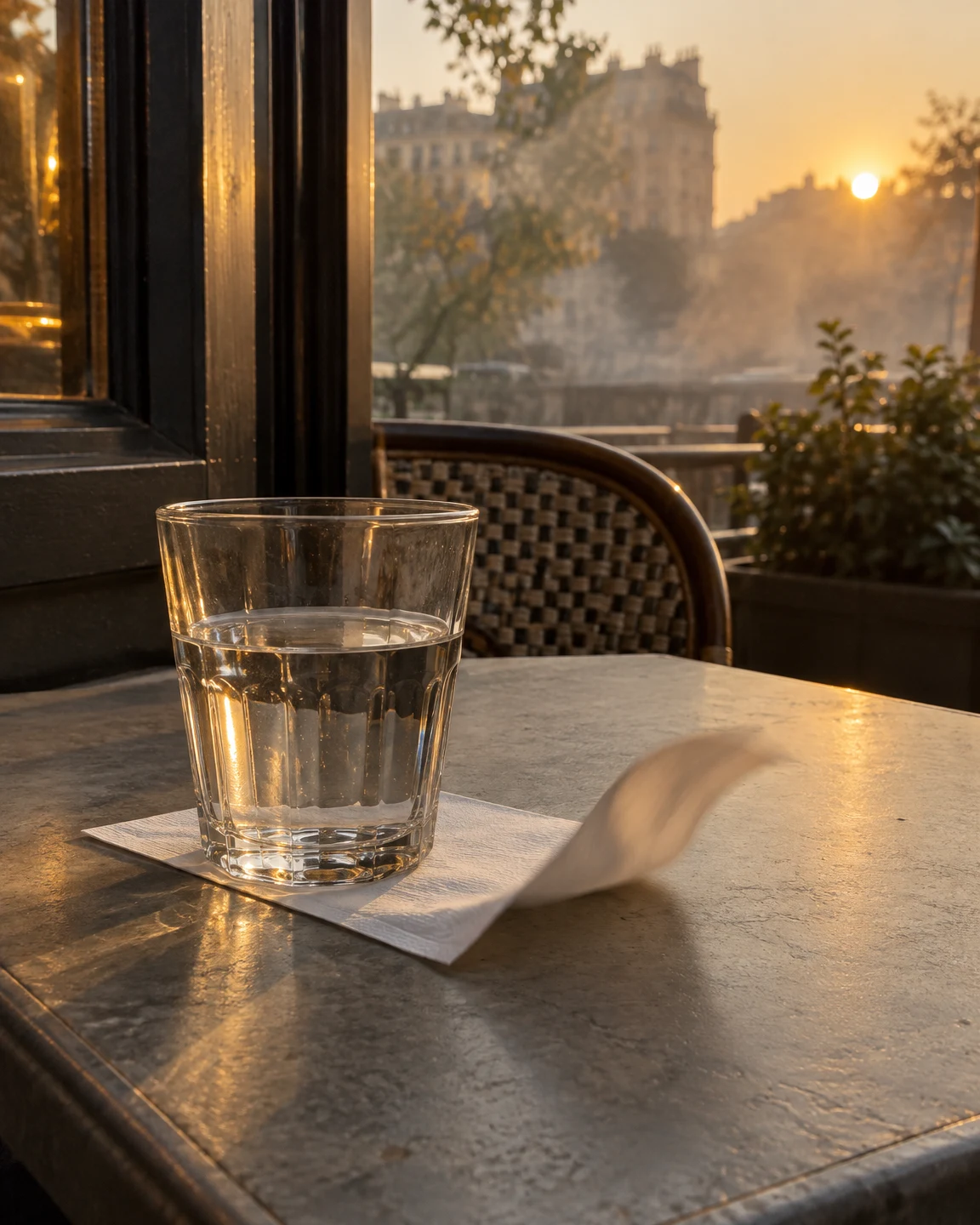 A clear, partly filled tumbler sits on a white napkin on a gray café table, with one napkin corner lifted and blurred.
