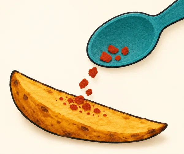 A large teal spoon with rust-red seasoning flecks hangs above a long golden roasted potato wedge on a warm ivory background; several flecks are falling toward…