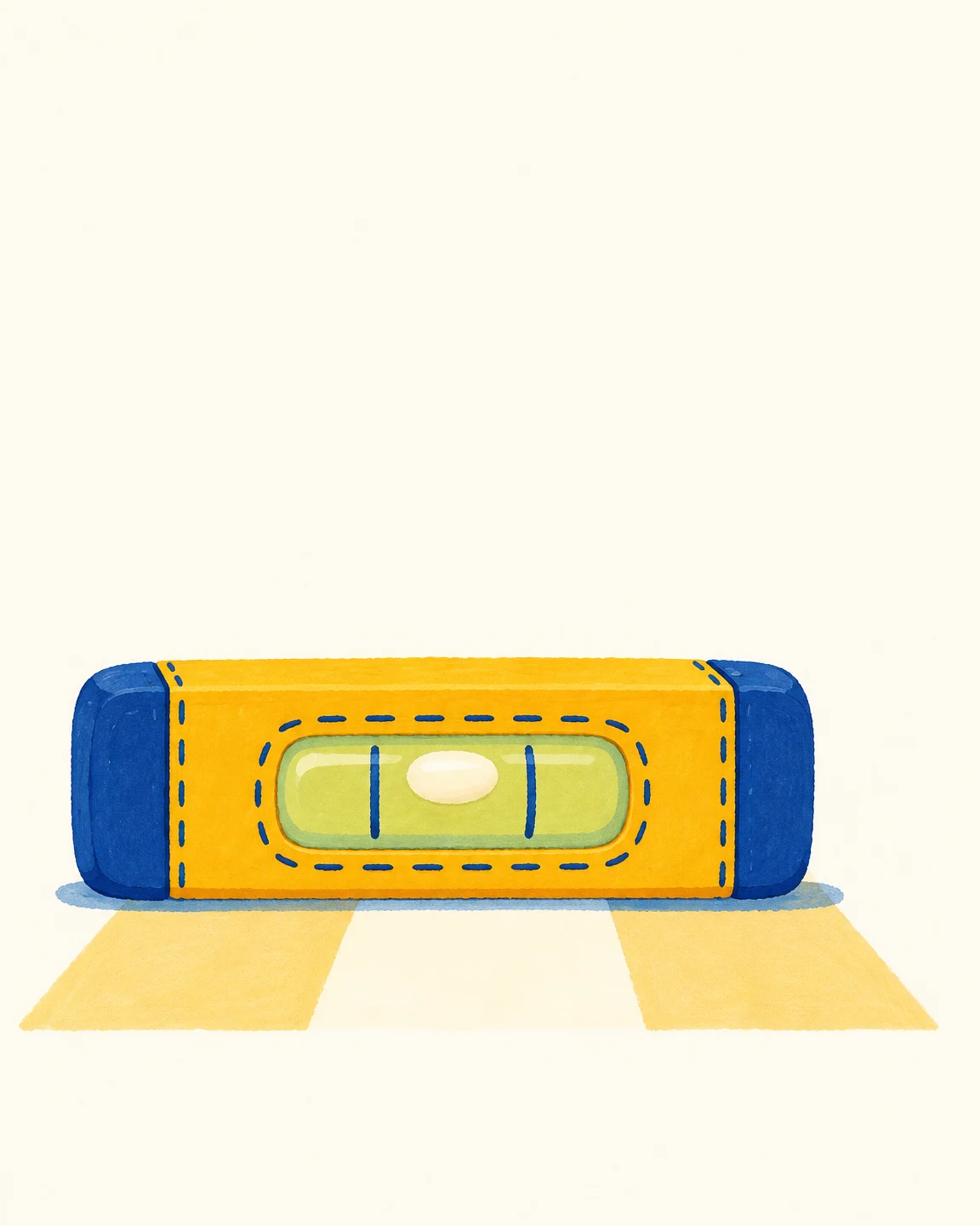 A chunky saffron-and-blue spirit level rests horizontally against an open ivory background, with a pale vial, centered bubble, two blue reference strokes…
