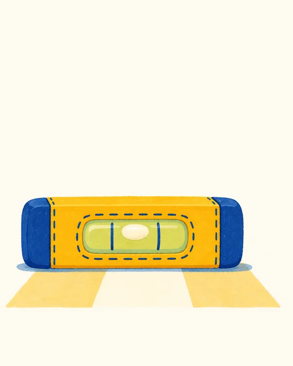 A chunky saffron-and-blue spirit level rests horizontally against an open ivory background, with a pale vial, centered bubble, two blue reference strokes…
