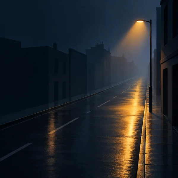 An empty wet street recedes through dark building fronts into blue-gray mist, with an amber streetlamp on the right casting a long reflection across the…