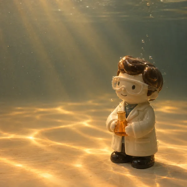 A glossy scientist figurine with oversized safety goggles and an amber flask stands on a warm-toned floor in water, surrounded by small bubbles and bright…