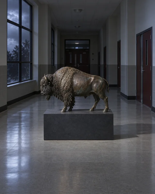 A cast-bronze bison sculpture stands on a dark rectangular plinth in an empty school corridor, with burgundy doors on the right and tall windows on the left…