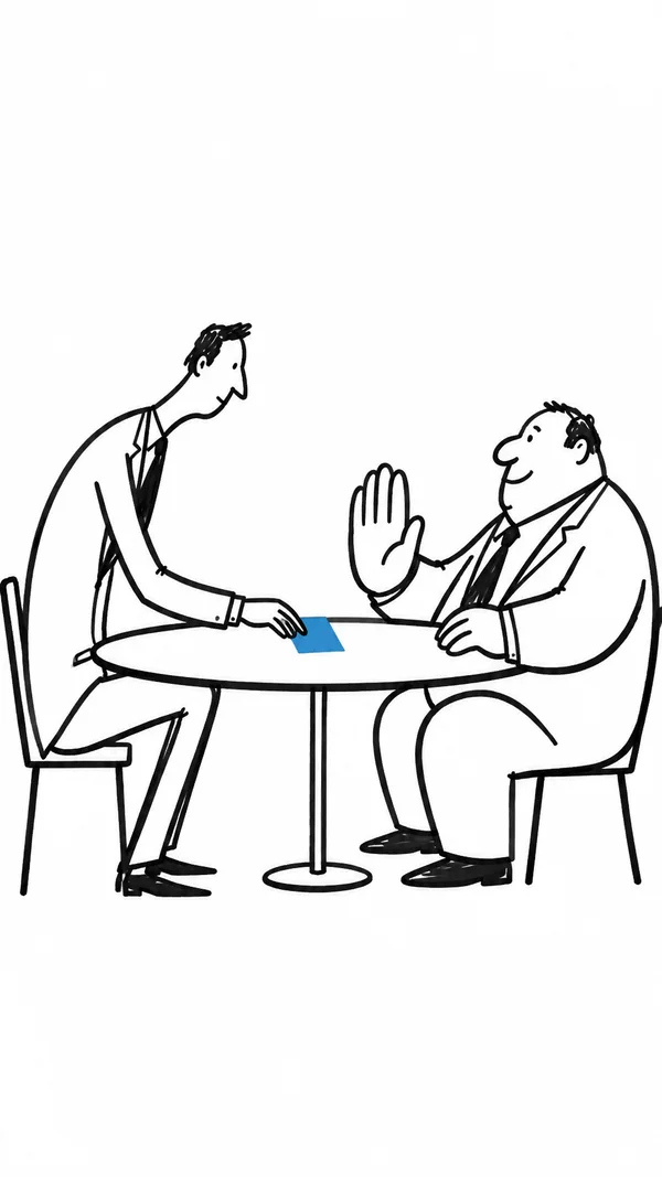 A lanky figure leans across an oval table, sliding a blue card toward a broad-bodied figure who raises an open palm; both wear jackets and sit on chairs…