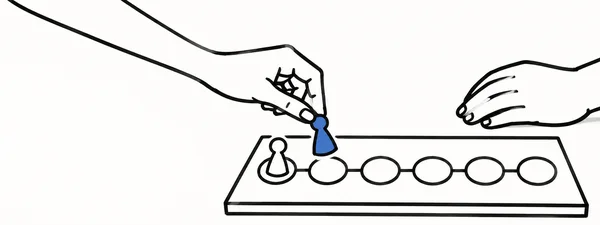 A marker-style drawing shows a rectangular game board with six circular spaces, a white pawn in the first space, and a hand holding a blue pawn above the…