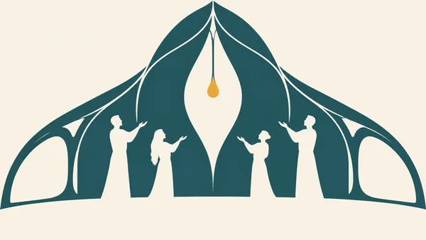 A deep-teal, petal-shaped pavilion frames four ivory human silhouettes facing inward with raised open hands beneath a small amber hanging light.