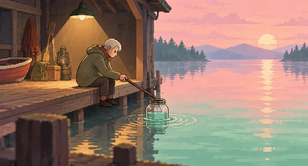 A grey-haired older person sits on the wooden threshold of a lakeside boathouse, lowering a large glass jar into a pink-and-mint lake at sunset beneath a warm…