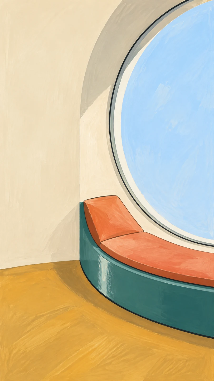 A curved teal built-in window seat with coral cushions sits beneath a large round window in a cream-walled room with an ochre floor.