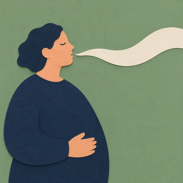 A paper-cut illustration of a person in right-facing profile wearing a deep blue sweater, with one hand resting on the abdomen.
