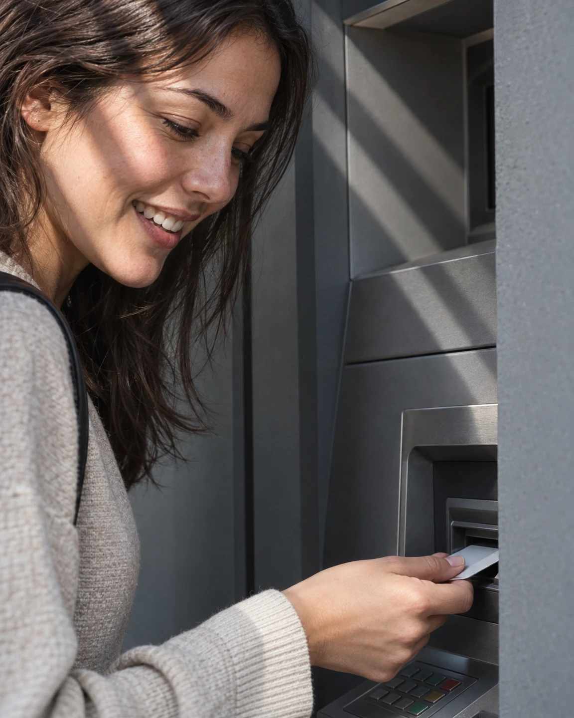 A woman smiles with her gaze lowered as she holds a plain bank card at an ATM slot.
