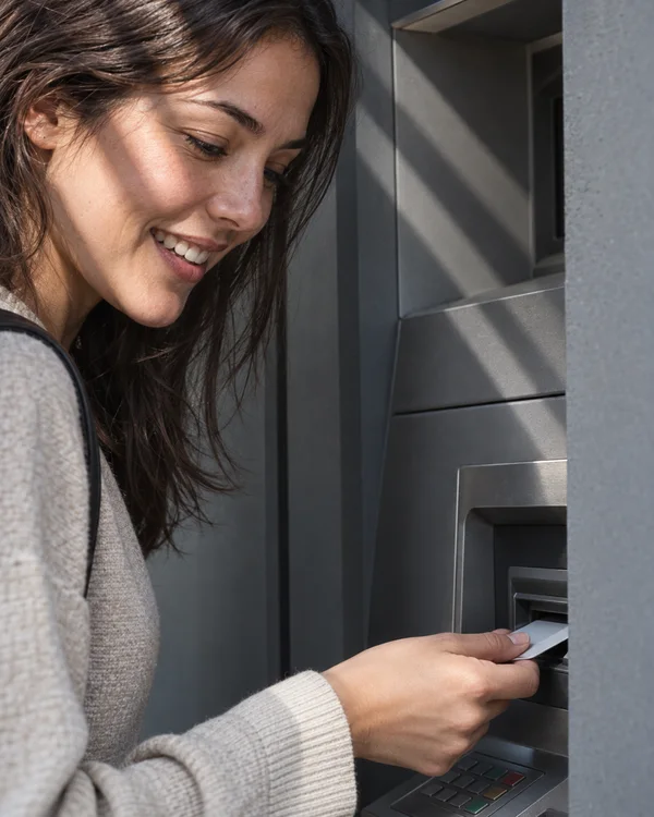 A woman smiles with her gaze lowered as she holds a plain bank card at an ATM slot.