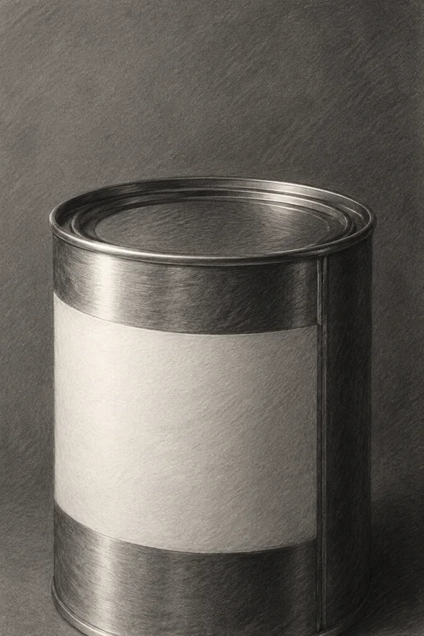 A hand-drawn graphite illustration of a cylindrical steel canister, viewed slightly from above, with a broad blank off-white label, rolled upper rim and…