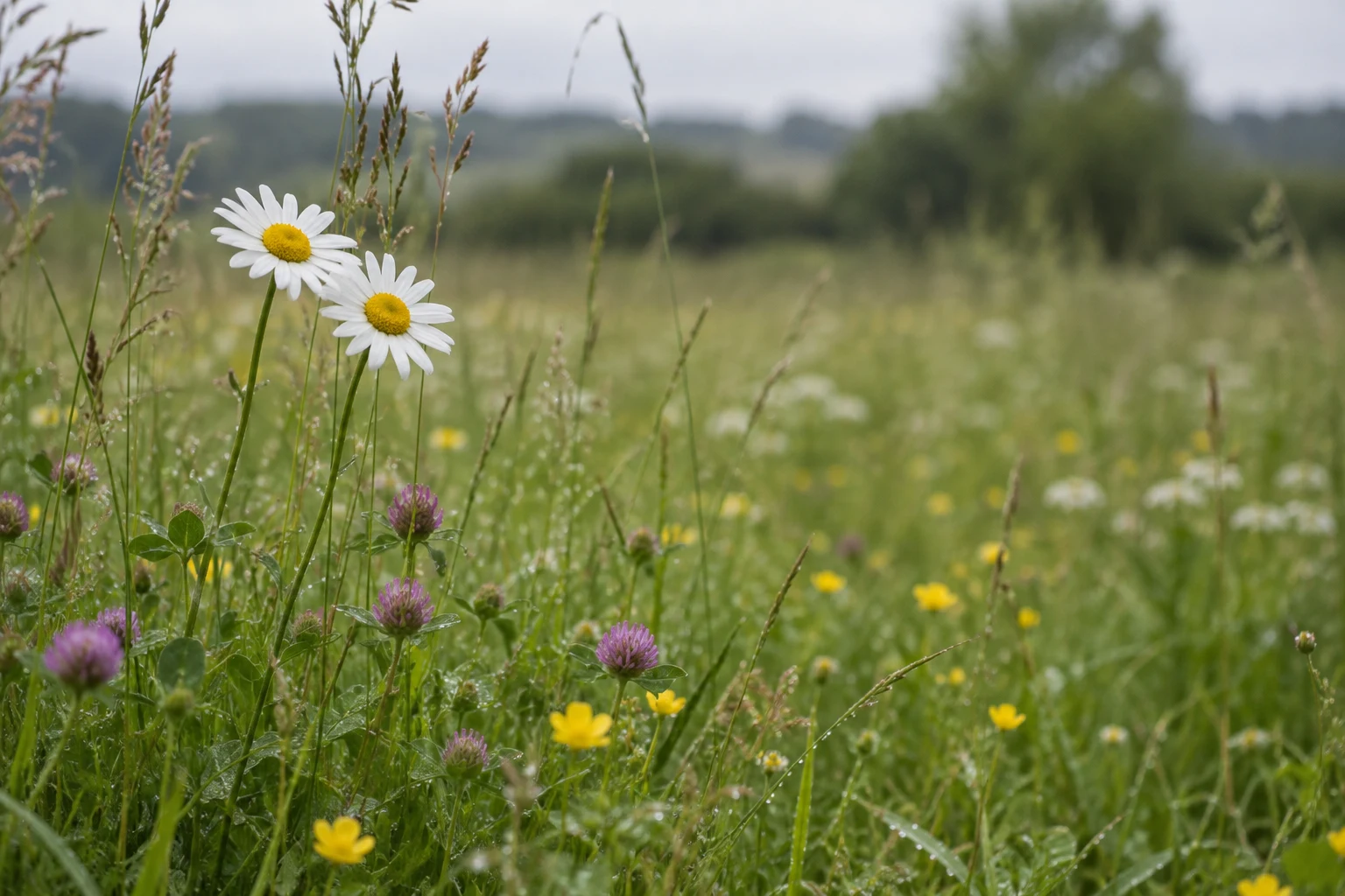 Two white oxeye daisies with yellow centres lean toward each other above a wild meadow of grasses, red clover and yellow buttercups; the distant hedgerow and…