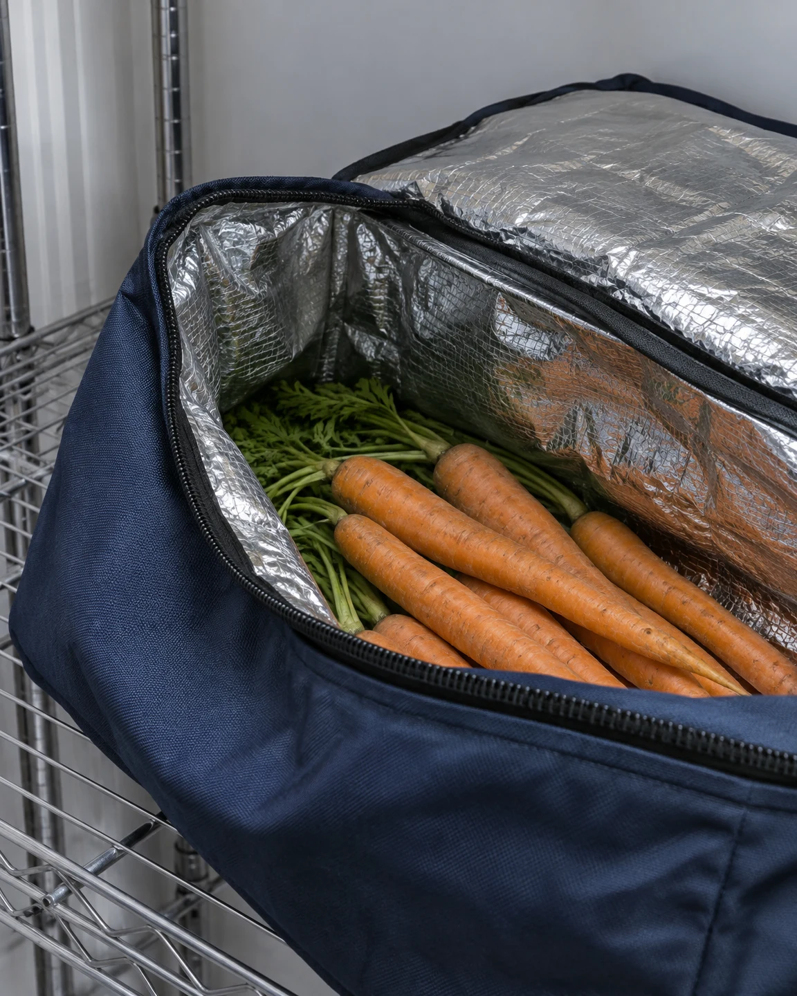 A navy insulated produce bag sits open on a metal wire shelf, showing crumpled silver lining and several orange carrots with green tops beneath them; a pale…