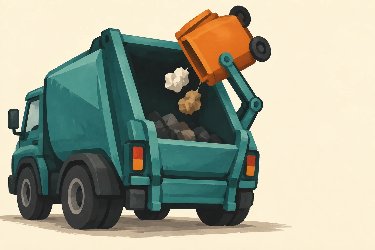 A large teal waste-collection truck is shown from a rear three-quarter angle against a warm cream background.