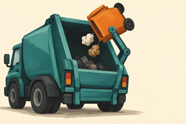 A large teal waste-collection truck is shown from a rear three-quarter angle against a warm cream background.