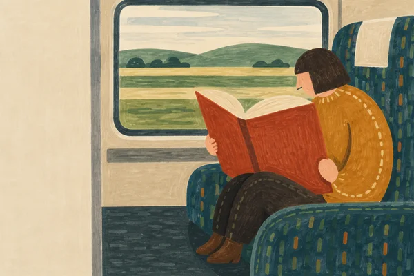 A passenger in an ochre sweater sits curled on a teal train seat, reading an oversized open rust-red book with blank cream pages as green and cream landscape…