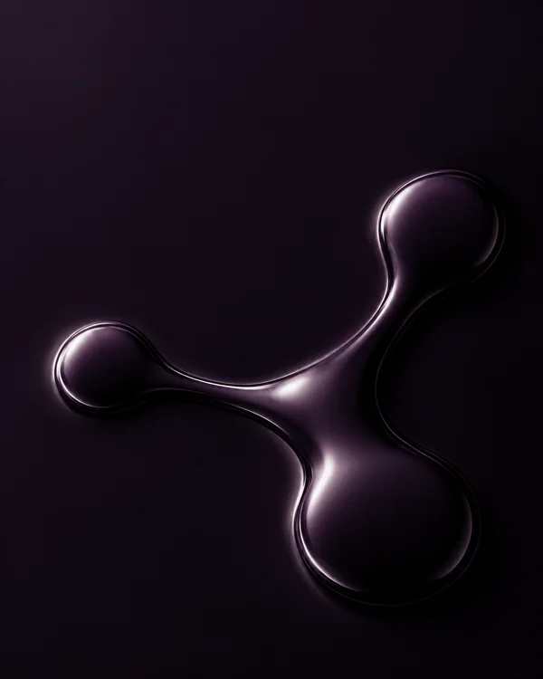A glossy dark-plum raised form branches into three rounded ends across the lower half of a nearly black surface, with silver-lilac highlights along its ridges…