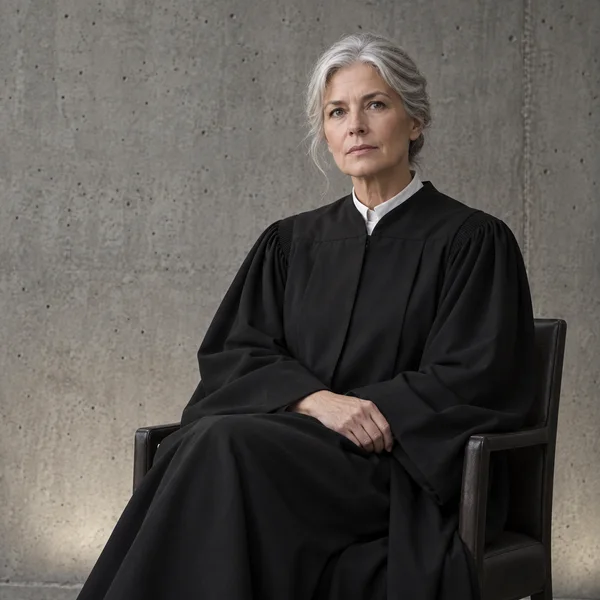 A silver-haired woman in a black judicial robe with a narrow white collar sits on a dark chair against a textured concrete wall, her hands folded in her lap…