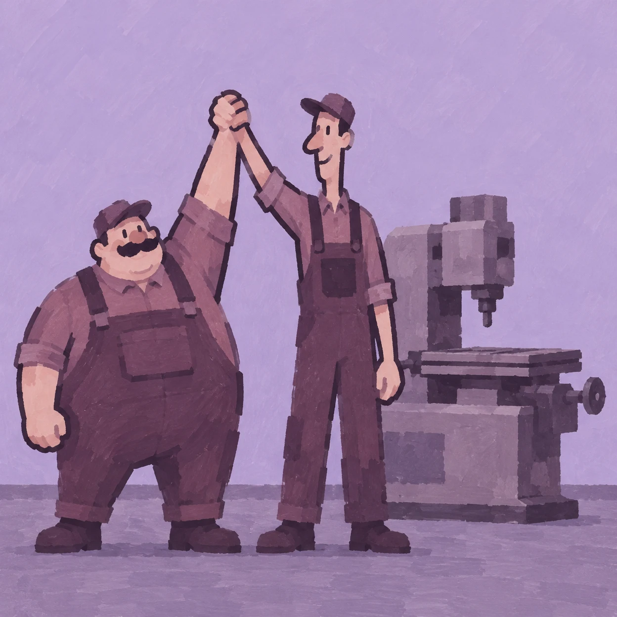 A broad, short factory worker and a tall, slender worker in mauve overalls raise their joined hands beside a blocky milling machine against a lavender…
