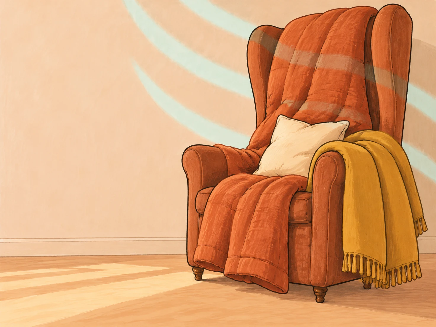 A tall terracotta armchair with a cream cushion and a mustard throw draped over its right arm stands against a pale peach wall.