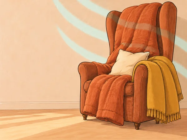 A tall terracotta armchair with a cream cushion and a mustard throw draped over its right arm stands against a pale peach wall.