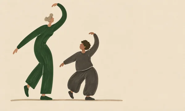 A tall forest-green figure with a curved torso and a smaller charcoal-clad figure pose with one arm raised and one heel lifted above a long beige floor stroke…