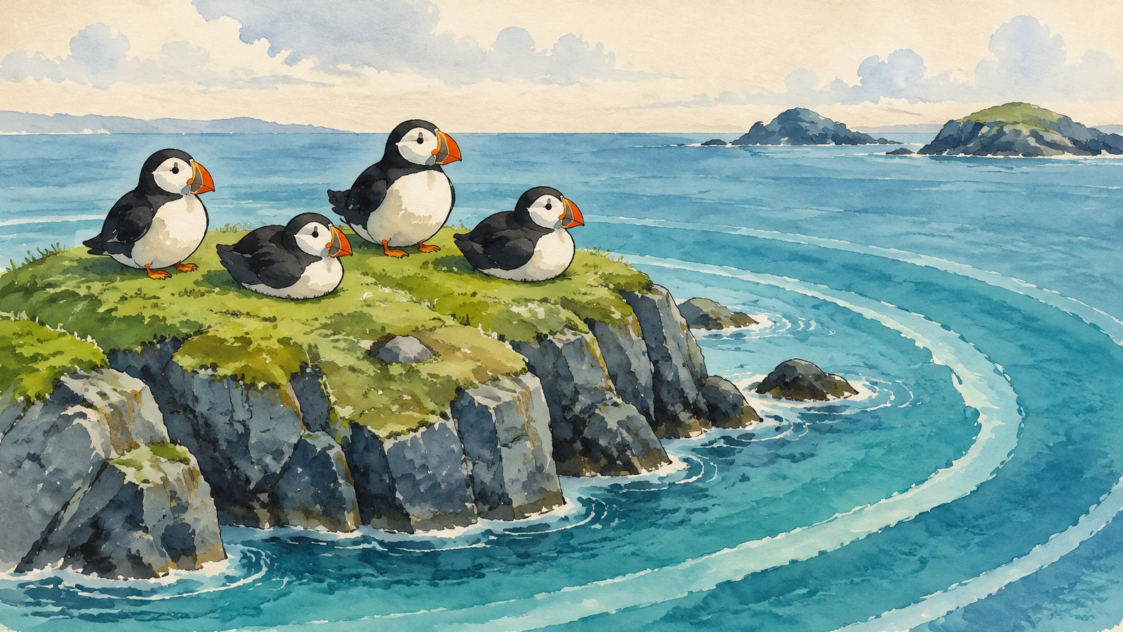 Four black-and-cream puffins with orange beaks rest on the grassy top of a rocky island, surrounded by curving turquoise water beneath a cloudy sky, with low…