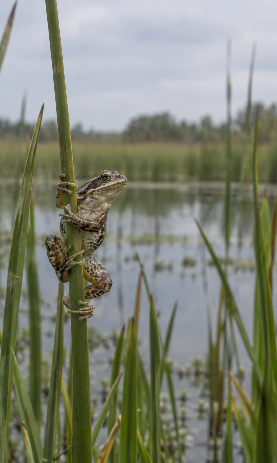 An olive-brown, mottled frog clings upright to a green reed above a still marsh, with blurred reeds and a pale overcast sky behind it.