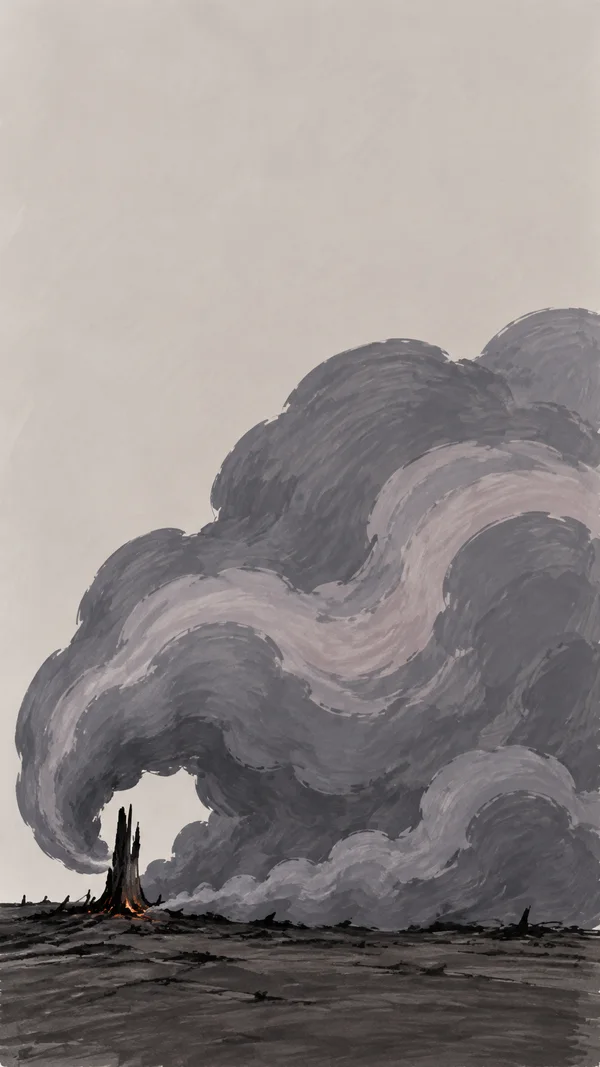 A large slate-grey and mauve smoke bank curls across a dark, scorched ground around a blackened stump with small orange embers at its base, beneath a pale open…