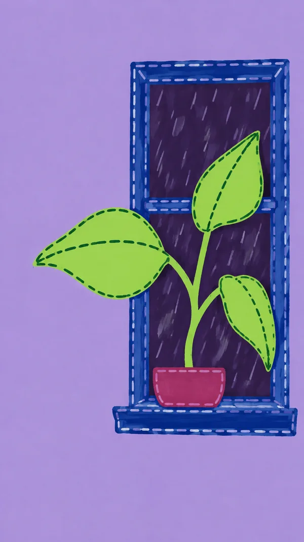 A bright green plant with three large leaves grows from a small raspberry-colored planter on the sill of a tall ultramarine window, against a lavender wall.