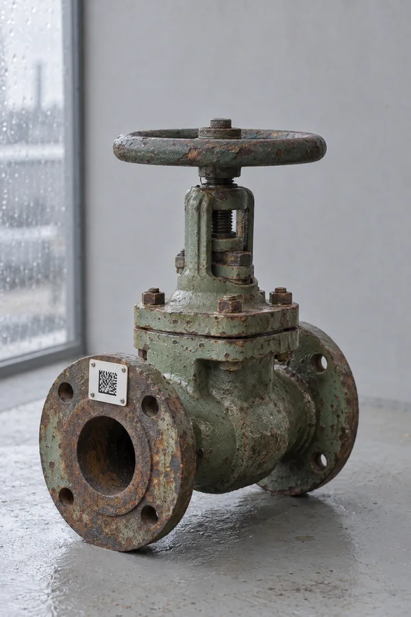 A heavily weathered sage-green cast-iron valve with a large handwheel rests on a pale gray bench beside a rain-speckled window; a small white plate with a…