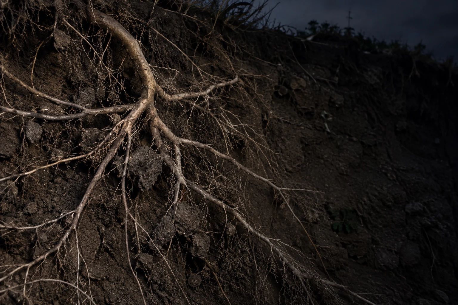 An exposed network of pale roots spreads across a dark, clod-filled soil bank, with a broad patch of shadowed earth on the right and silhouetted branches…