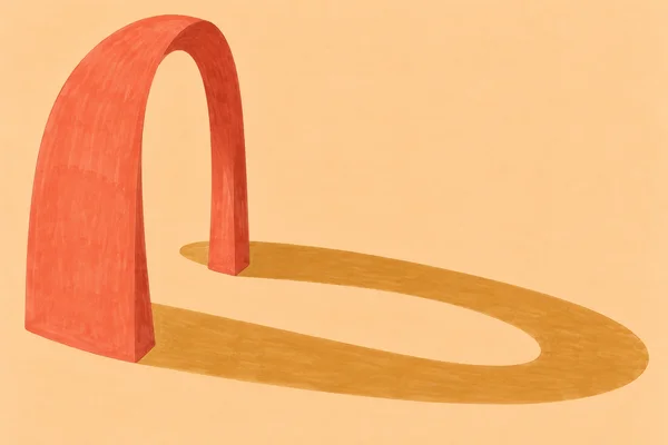 A thick coral arch with an tall elliptical opening stands on a pale apricot ground, casting a broad ochre loop-shaped shadow diagonally toward the right.