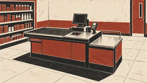 A large checkout counter with a dark conveyor belt, scanner window, blank register display, payment terminal and customer-side bagging shelf sits in a small…
