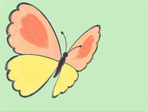 A large hand-drawn butterfly with peach upper wings, lemon-yellow lower wings, and coral patches flies against a pale mint background, leaving open space on…