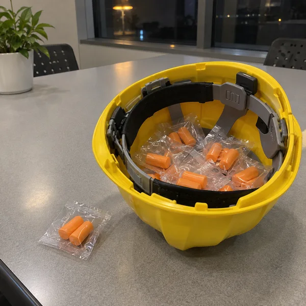 An upside-down yellow hard hat sits on a grey laminate conference table, with orange foam earplugs in clear packets inside it and one packet beside the rim.