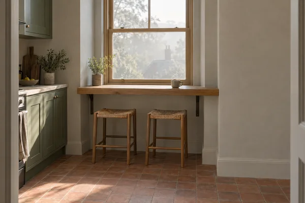 A compact apartment breakfast nook viewed from the kitchen doorway, with a timber-framed window above an oak ledge supported by dark brackets, two woven-seat…