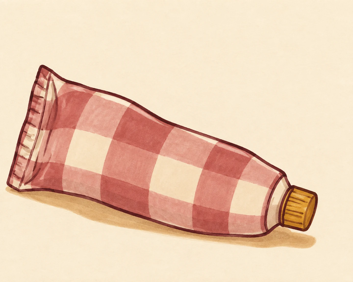 A hand-drawn marker illustration of a broad, dusty-rose-and-cream checked cosmetic squeeze tube lying diagonally across a warm ivory paper field, with a…