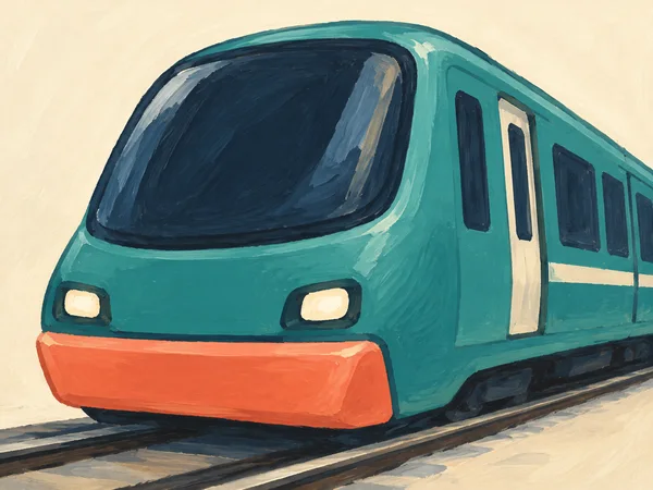 A close-up oil-style painting of a squat teal metro train with a large dark windscreen, two cream headlights and a coral bumper.
