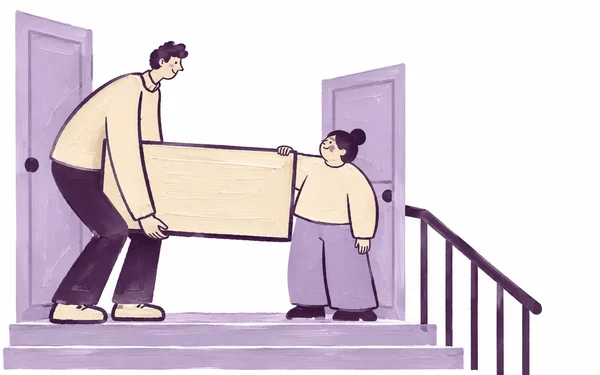 Two stylized adult neighbors move an oversized horizontal cream carton between lilac doorframes on a white stair landing, with a dark rail descending at right.