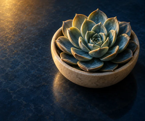 A blue-green echeveria rosette sits in a tan stone bowl on a dark blue tabletop, lit warmly from the upper left with open space to the left.