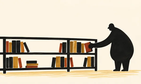 A solid black, profile-view figure reaches left to slide a rust-red book onto a long, low black bookshelf holding sparse black, rust, and ochre books; pale…